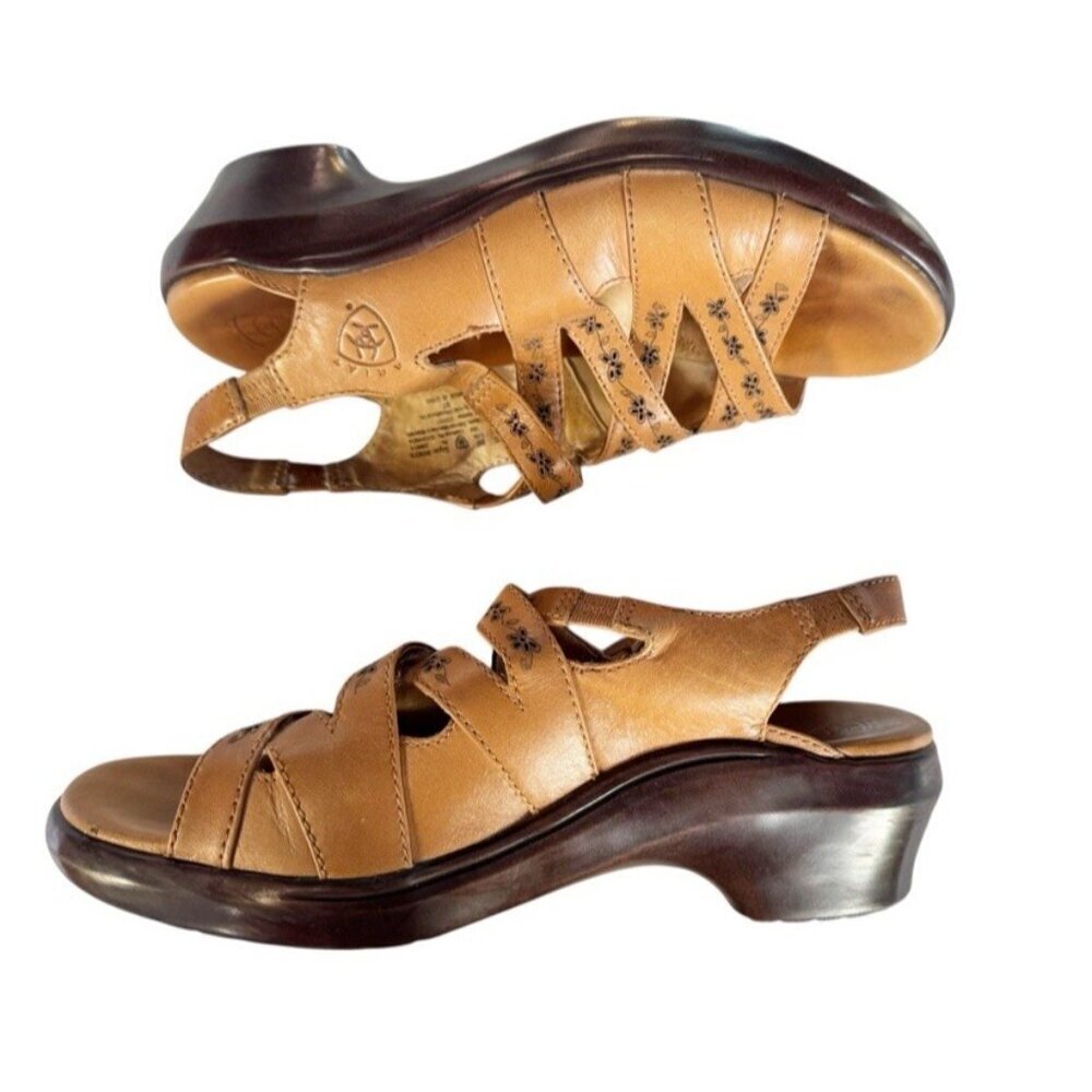Ariat Women's Sz 8 Floral Slingback Leather Sandals Tan - Picture 8 of 11